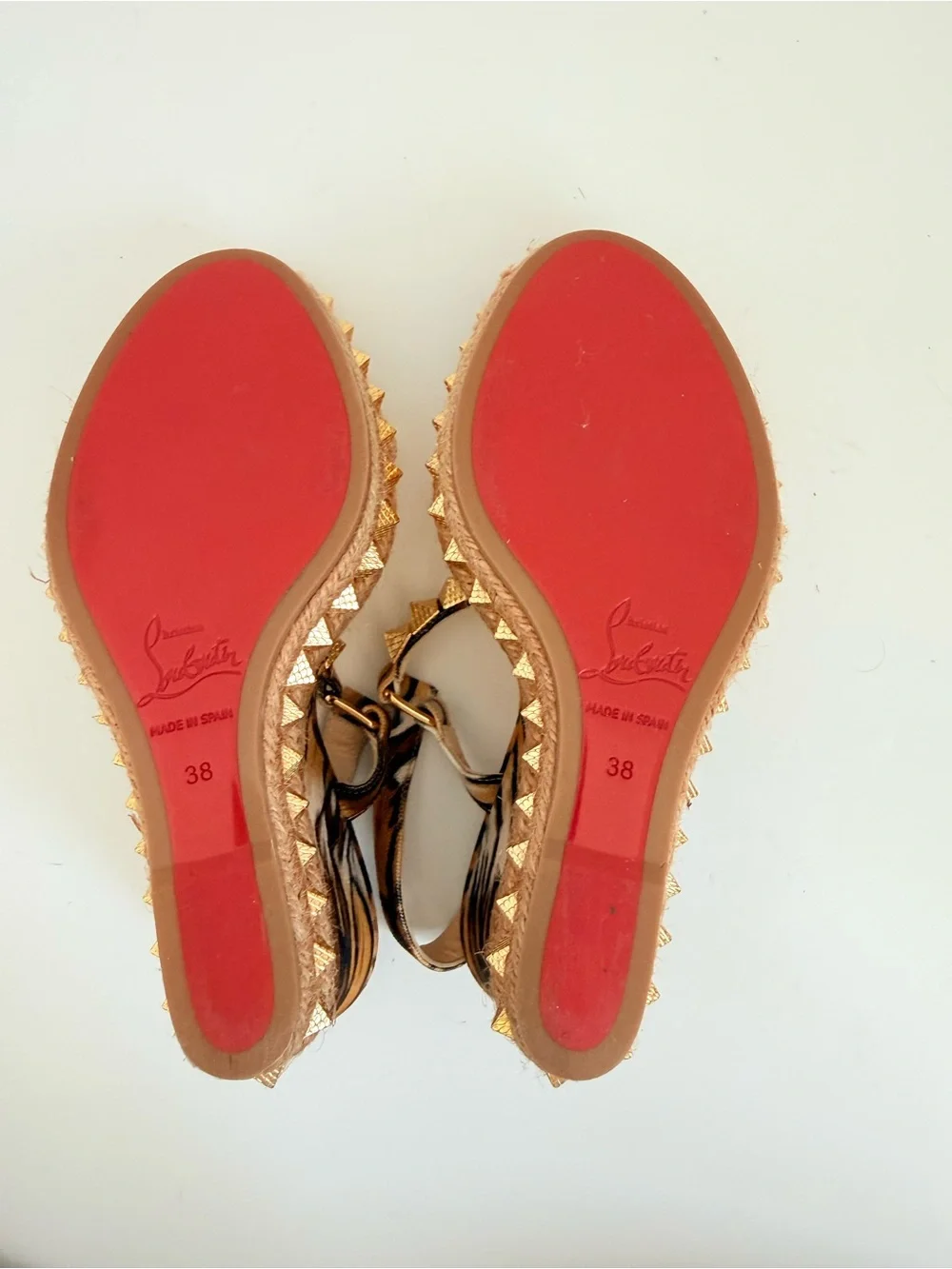 Christian Louboutin Pyraclou 110 Tivoli Gold Stud Espadrille Wedge Sandals 38